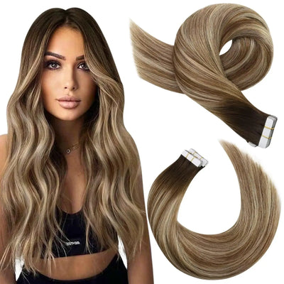 Moresoo Tape in Hair Extensions Balayage Remy Real Human Hair for Women Invisible Seamless PU Skin Weft Straight Hair Tape ins