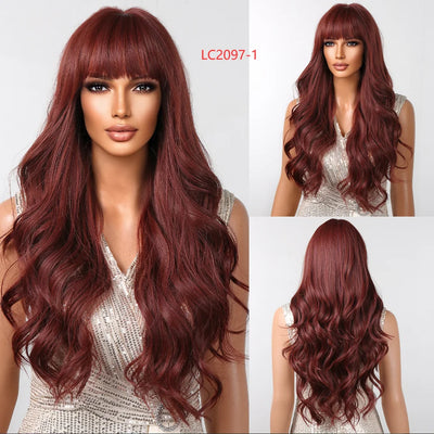 Long Curly Wine Burgundy Red Synthetic Wigs with Long Bangs for Women Afro Deep Wave Cosplay Party Natural Hair Heat Reisitant