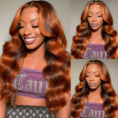 10A Ginger Brown Highlight Body Wave Lace Front Closure Wigs Human Hair 5x5 Pre-cut Lace Glueless Wig Ombre Ginger Orange #4/350