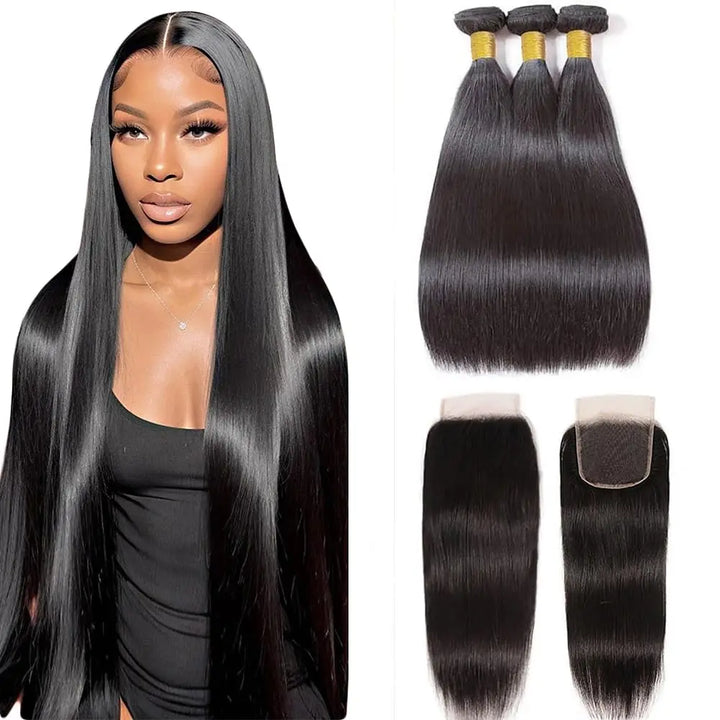 Straight Human Hair Bundles with Closure - JoySky Hair