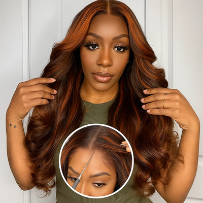 10A Ginger Brown Highlight Body Wave Lace Front Closure Wigs Human Hair 5x5 Pre-cut Lace Glueless Wig Ombre Ginger Orange #4/350